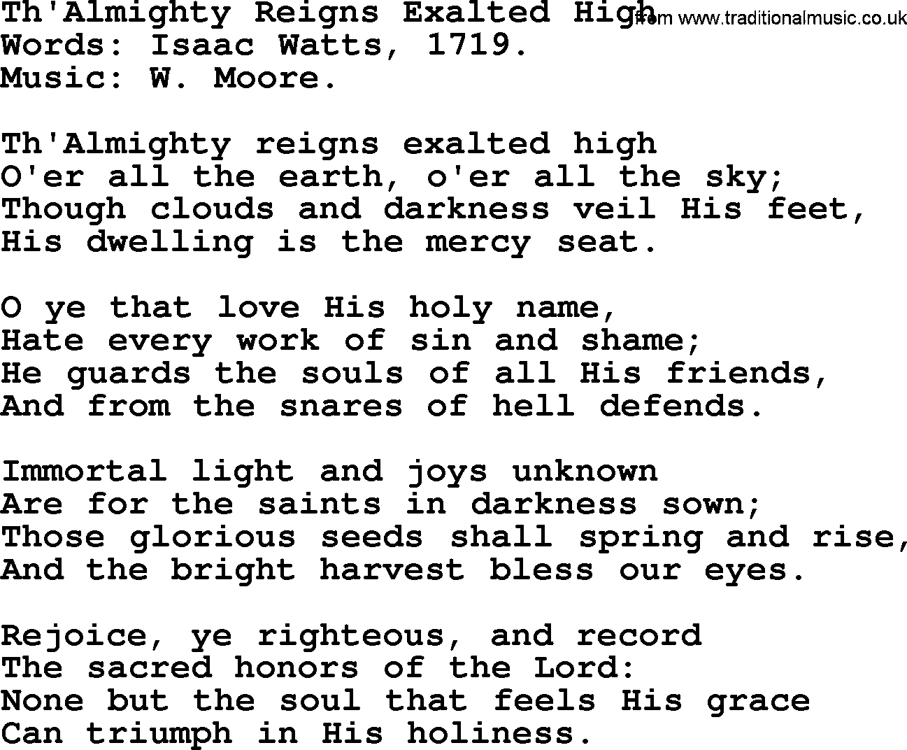 Isaac Watts Christian hymn: Th'Almighty Reigns Exalted High- lyricss