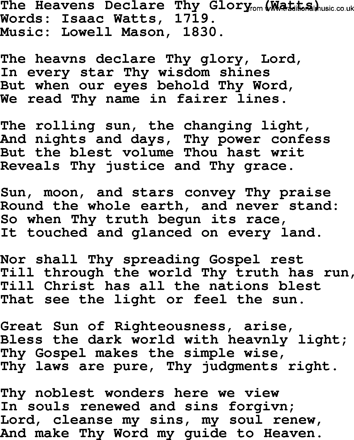 Isaac Watts Christian hymn: The Heavens Declare Thy Glory (Watts)- lyricss