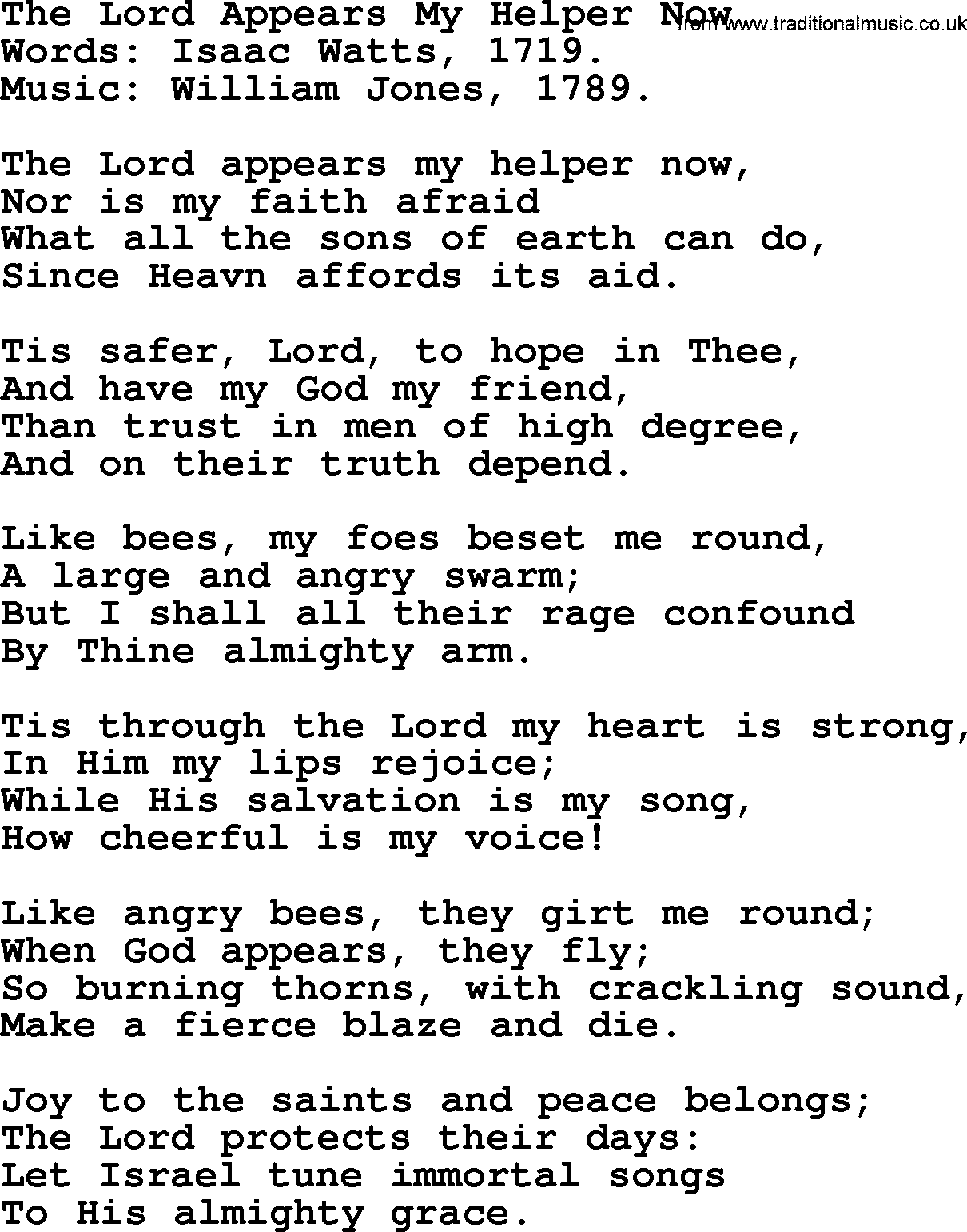 Isaac Watts Christian hymn: The Lord Appears My Helper Now- lyricss