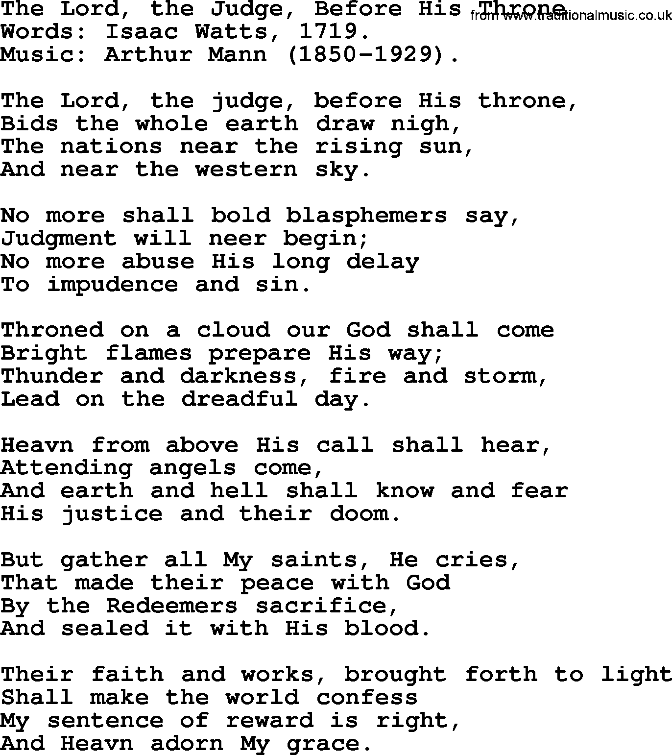 Isaac Watts Christian hymn: The Lord, the Judge, Before His Throne- lyricss