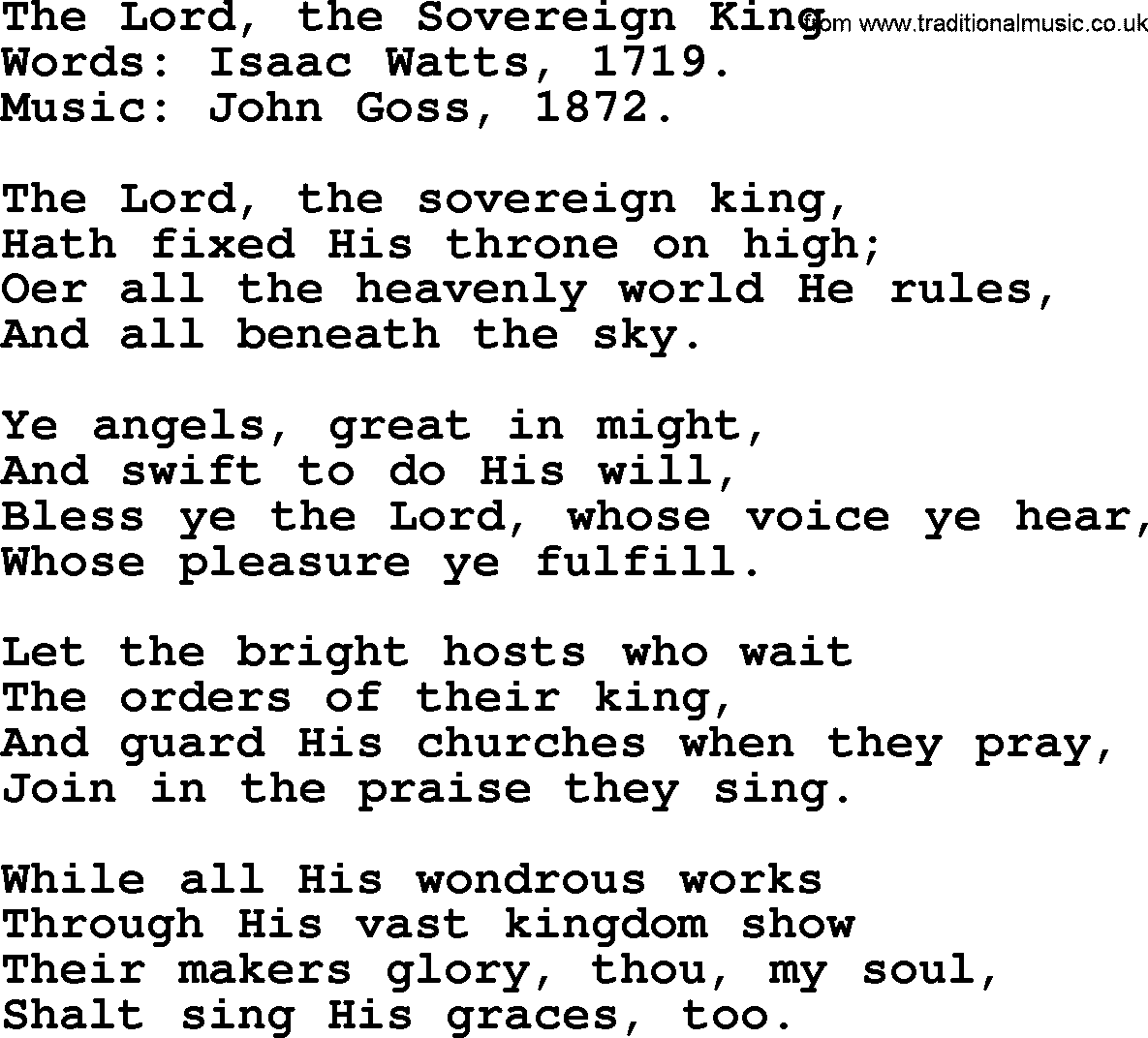 Isaac Watts Christian hymn: The Lord, the Sovereign King- lyricss