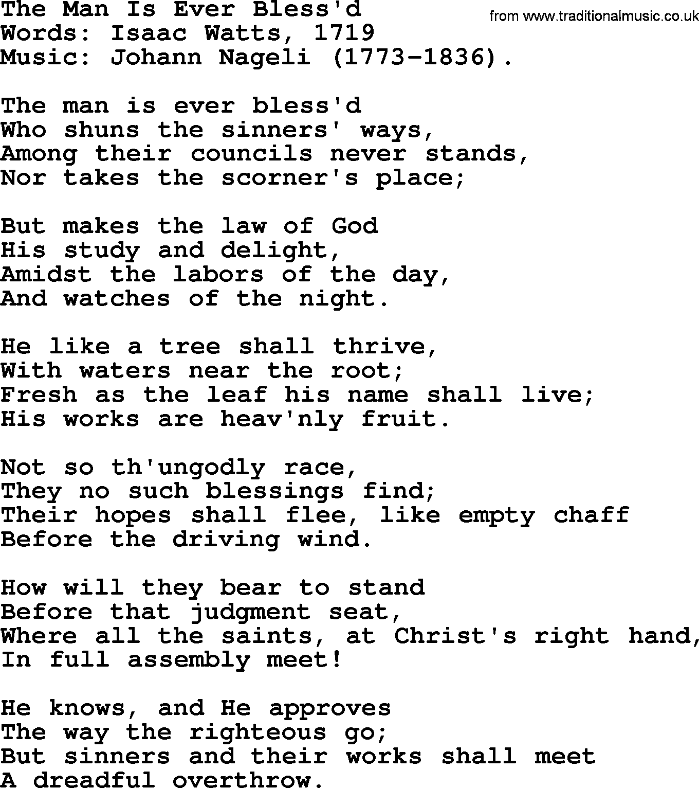 Isaac Watts Christian hymn: The Man Is Ever Bless'd- lyricss