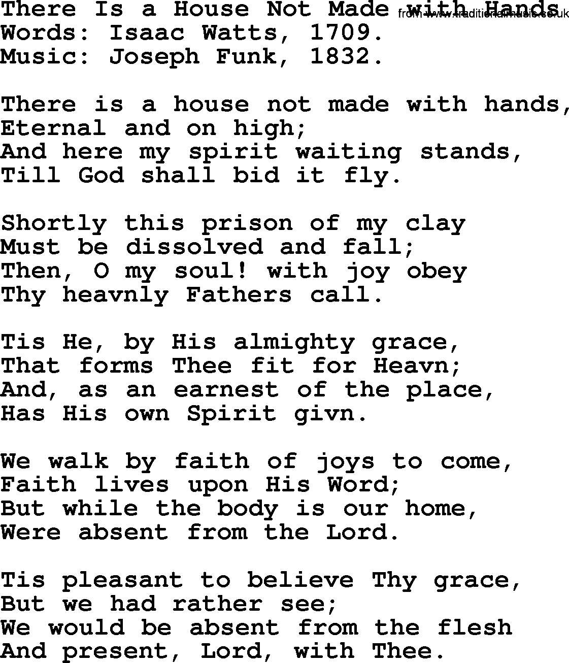 Isaac Watts Christian hymn: There Is a House Not Made with Hands- lyricss