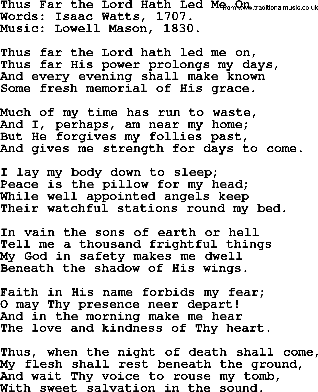 Isaac Watts Christian hymn: Thus Far the Lord Hath Led Me On- lyricss