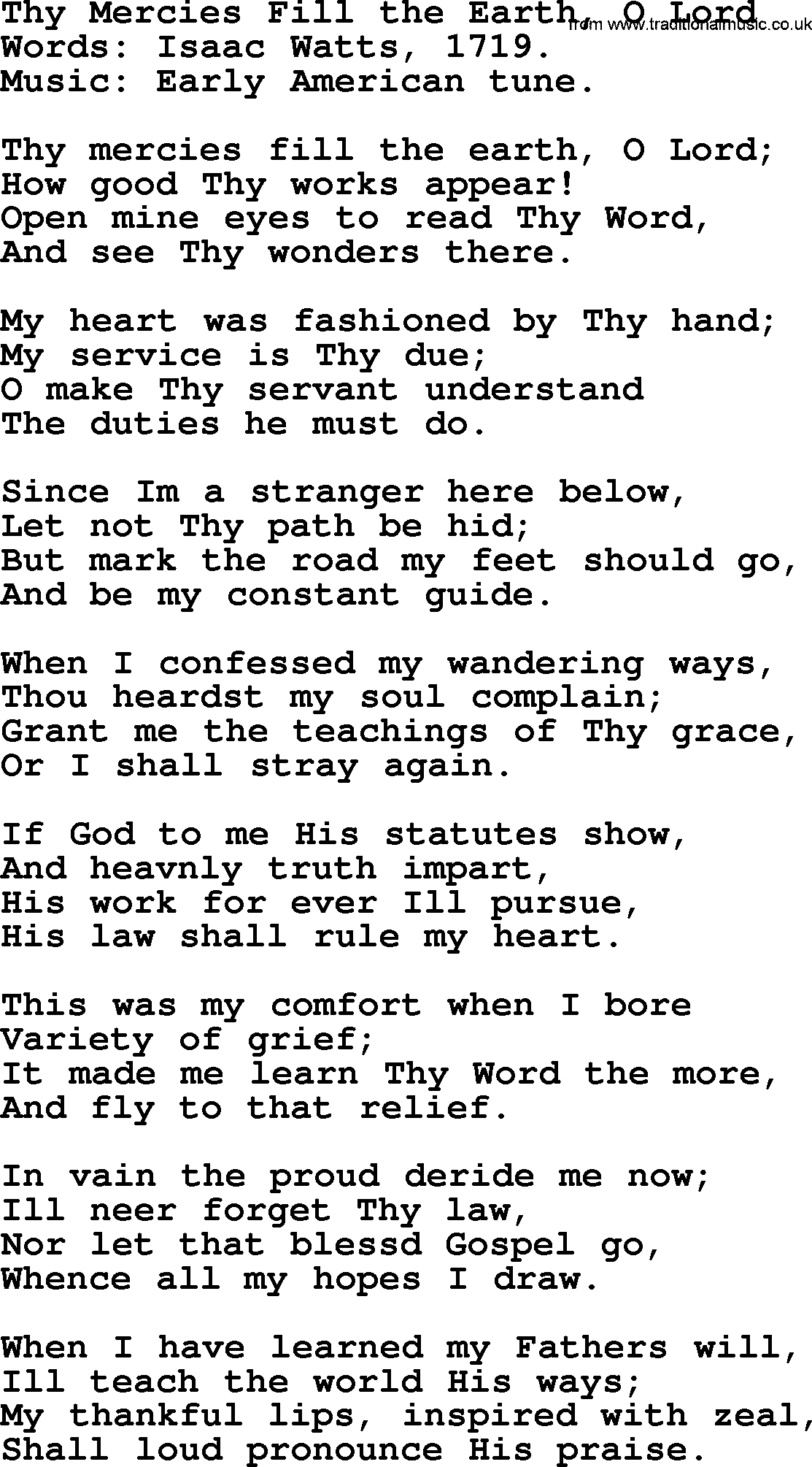 Isaac Watts Christian hymn: Thy Mercies Fill the Earth, O Lord- lyricss