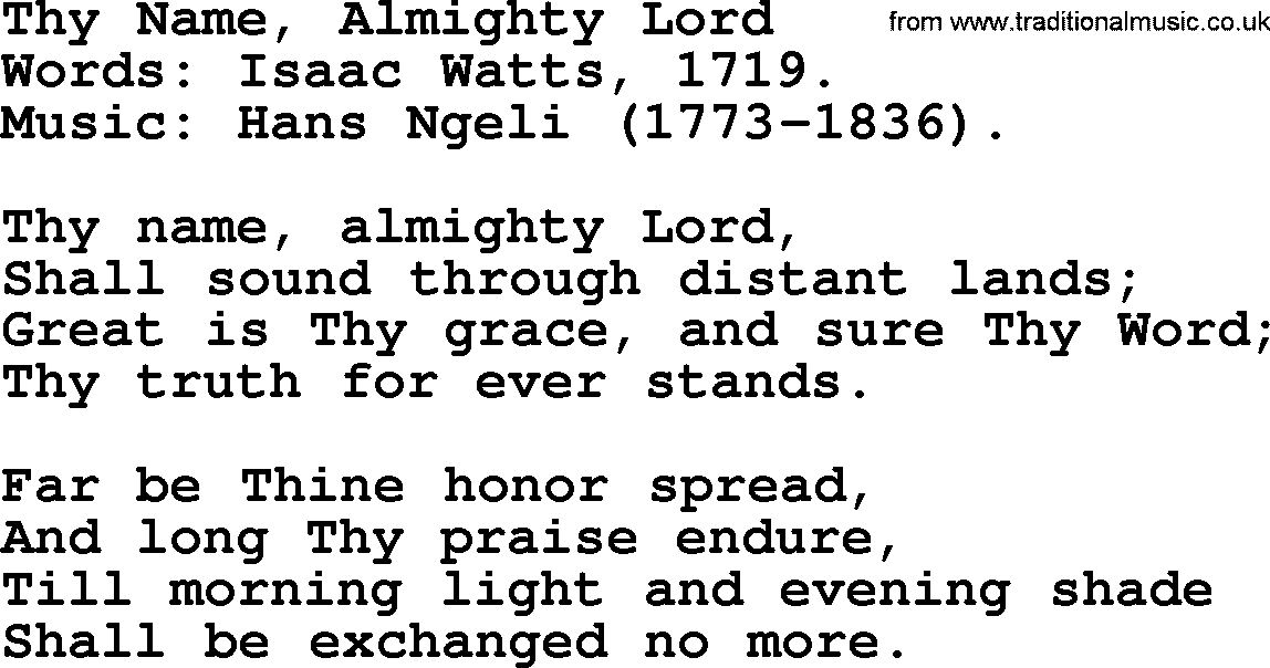 Isaac Watts Christian hymn: Thy Name, Almighty Lord- lyricss