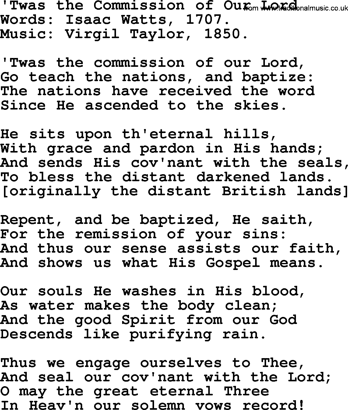 Isaac Watts Christian hymn: 'Twas the Commission of Our Lord- lyricss