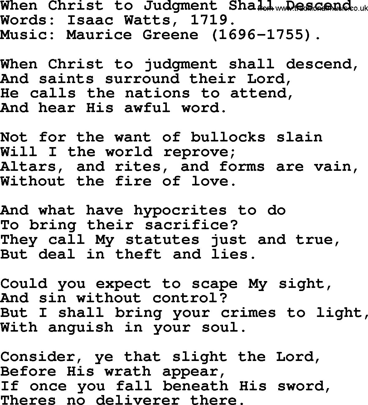 Isaac Watts Christian hymn: When Christ to Judgment Shall Descend- lyricss