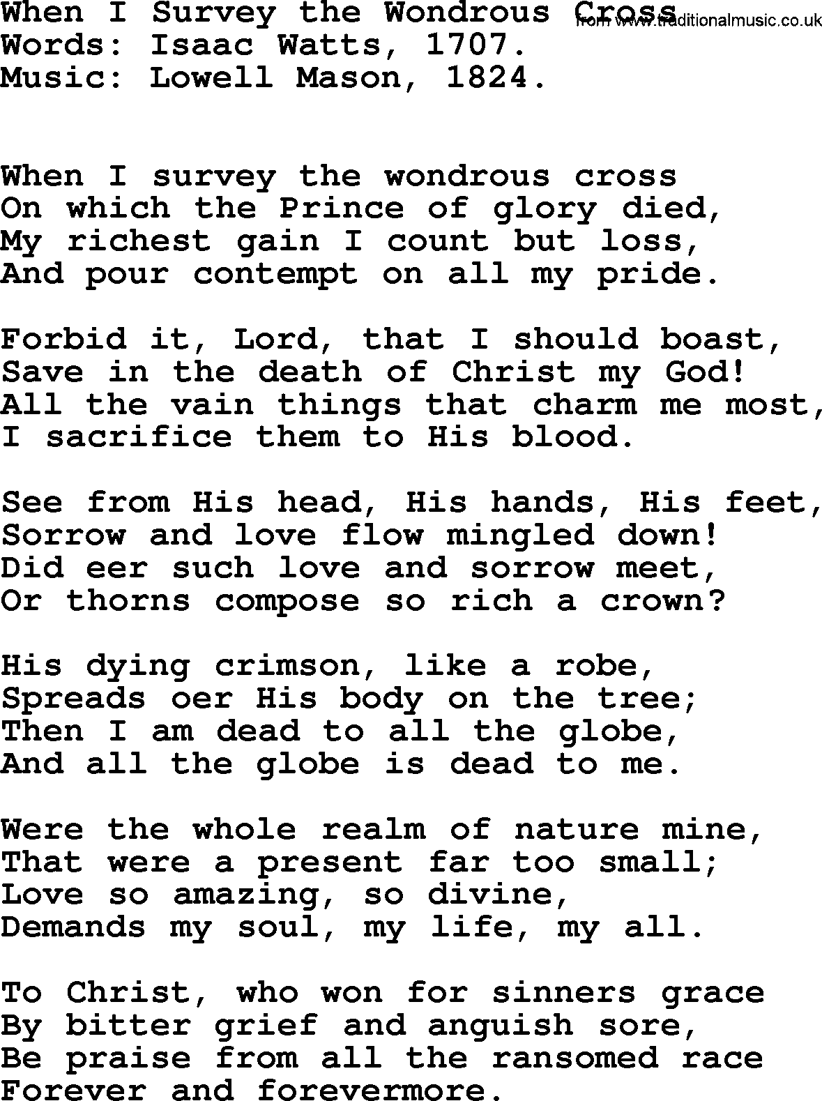 Isaac Watts Christian hymn: When I Survey the Wondrous Cross- lyricss