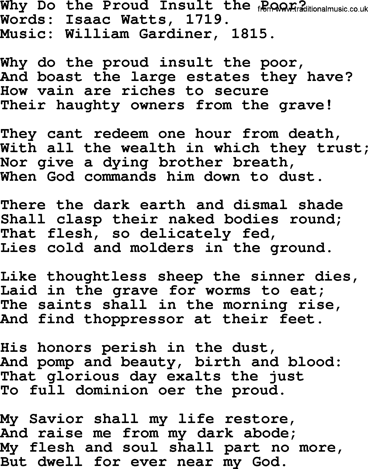 Isaac Watts Christian hymn: Why Do the Proud Insult the Poor_- lyricss
