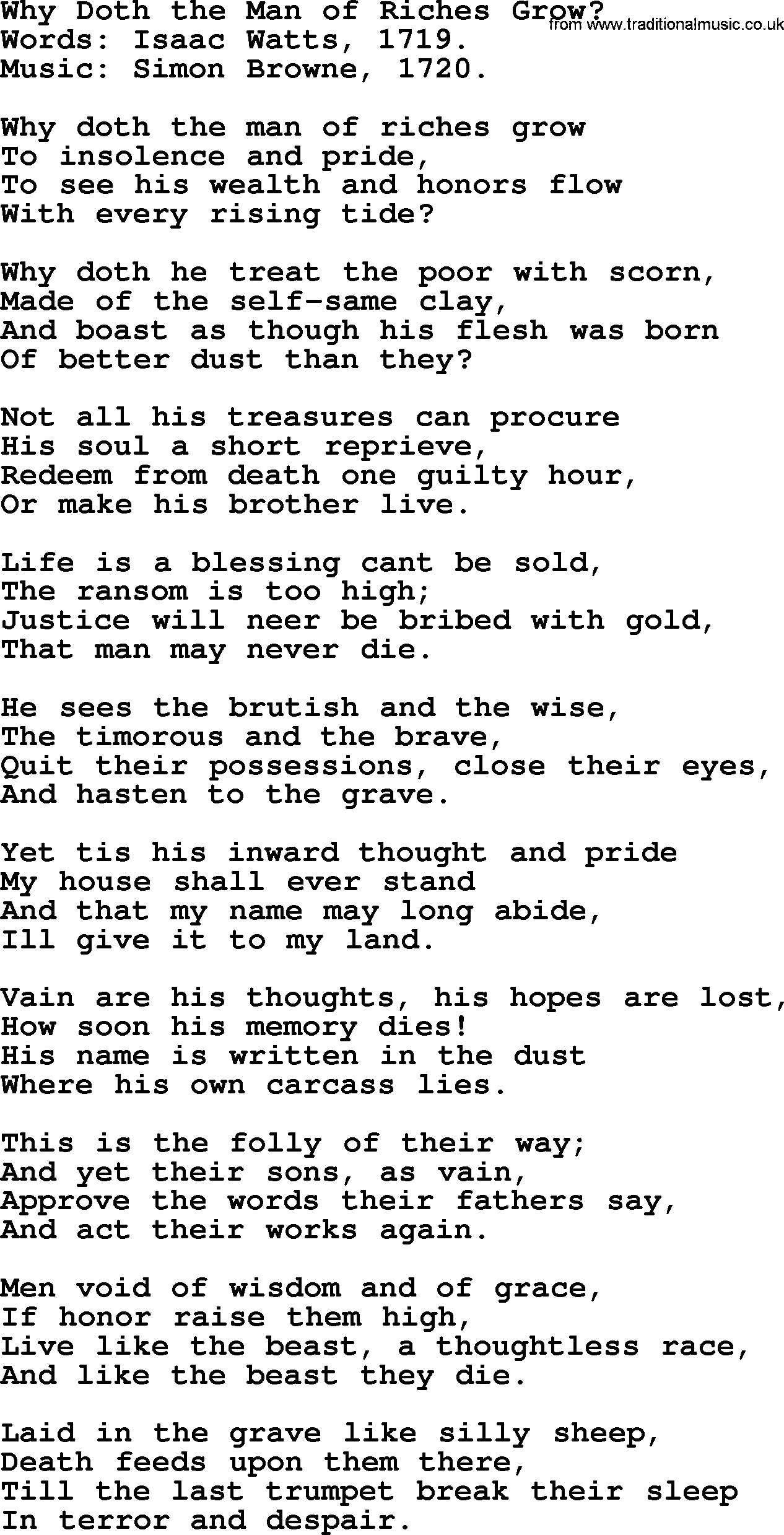 Isaac Watts Christian hymn: Why Doth the Man of Riches Grow_- lyricss