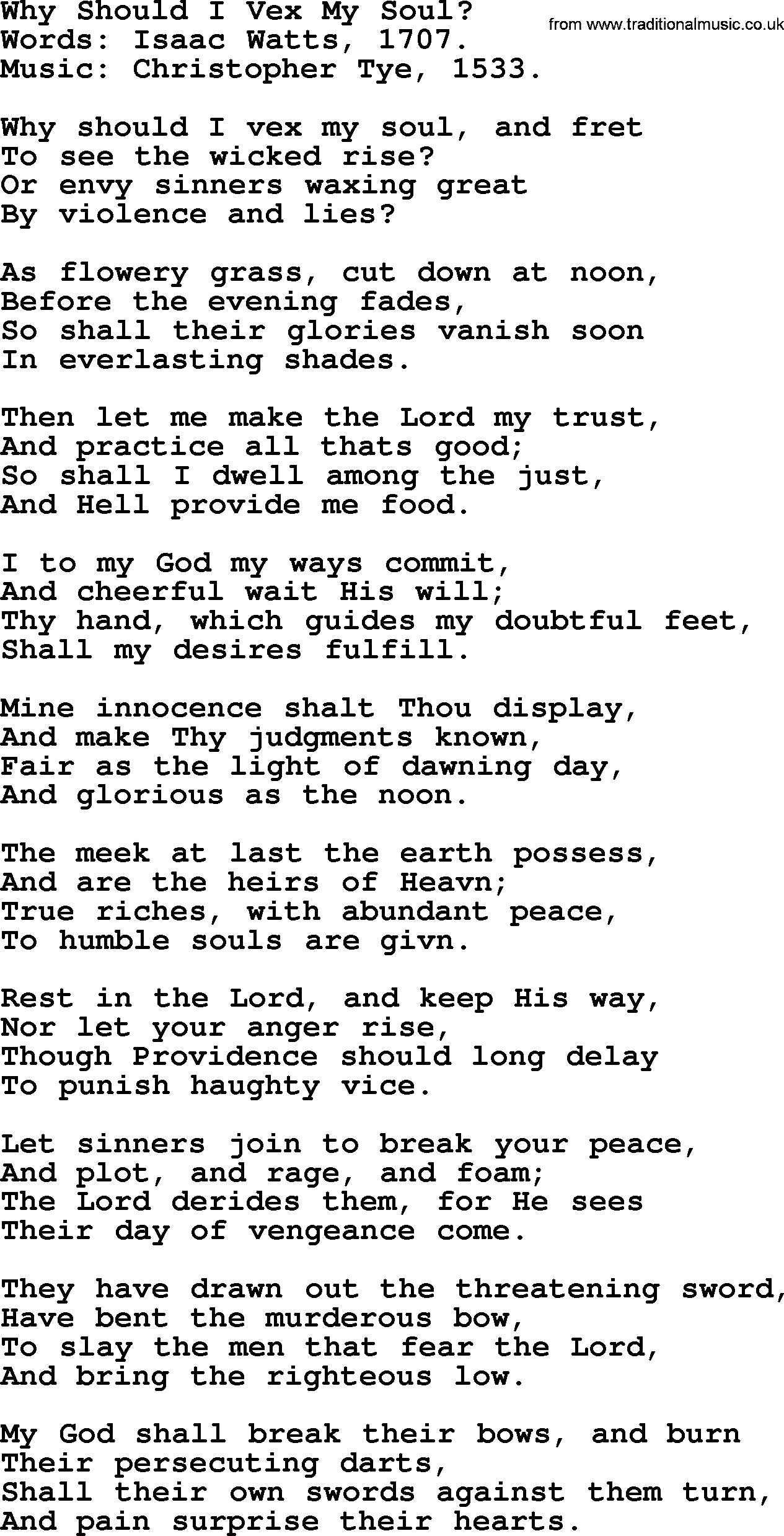 Isaac Watts Christian hymn: Why Should I Vex My Soul_- lyricss