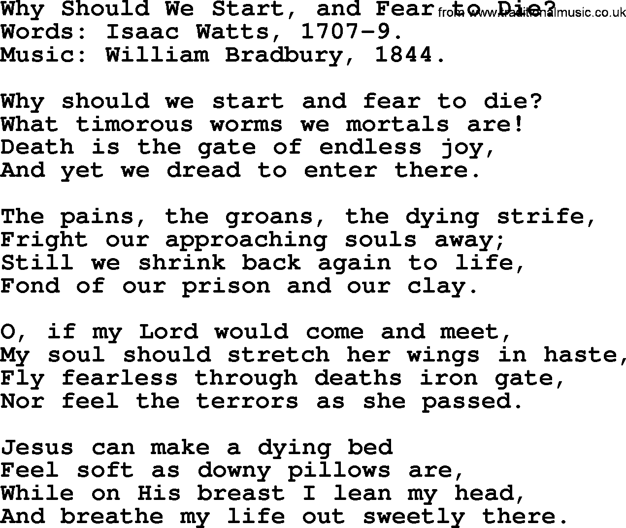 Isaac Watts Christian hymn: Why Should We Start, and Fear to Die_- lyricss