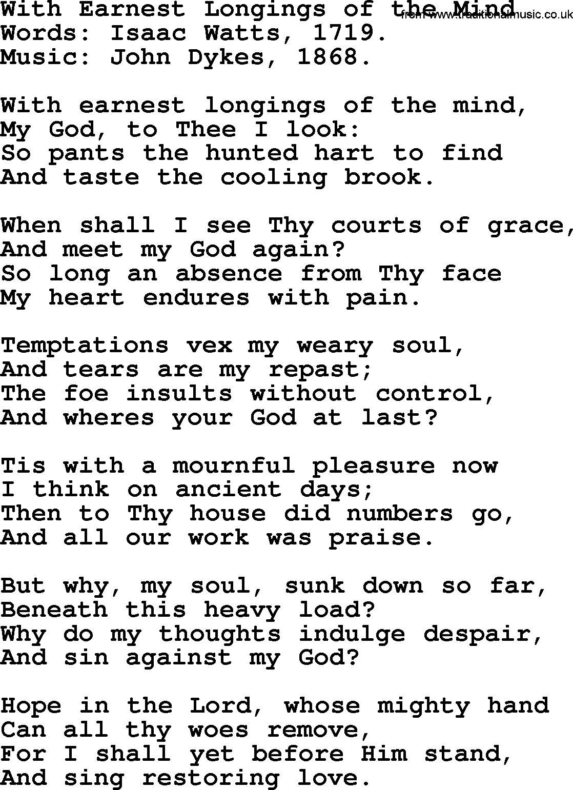 Isaac Watts Christian hymn: With Earnest Longings of the Mind- lyricss