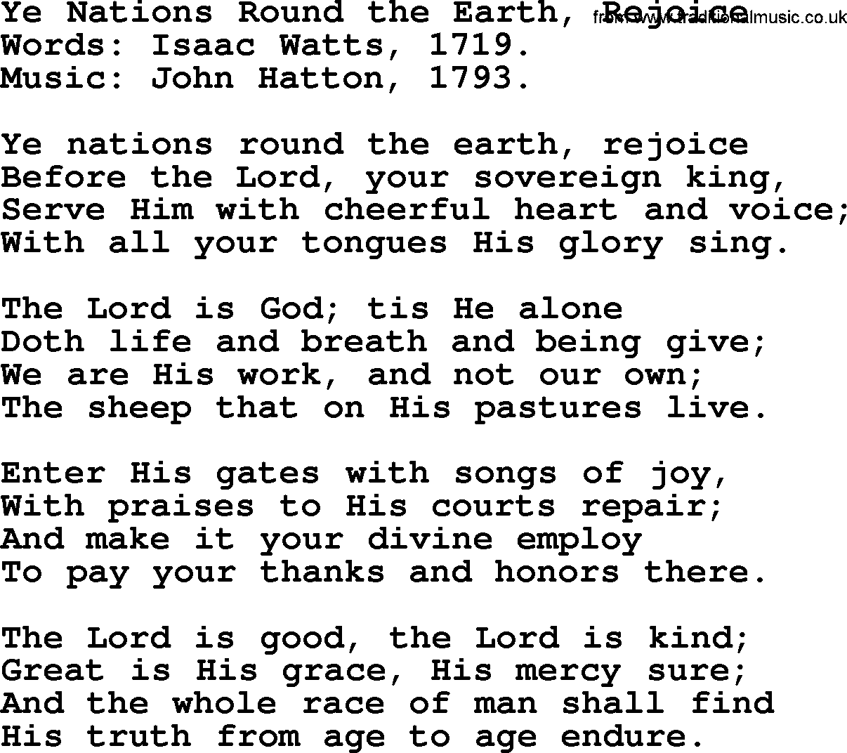 Isaac Watts Christian hymn: Ye Nations Round the Earth, Rejoice- lyricss