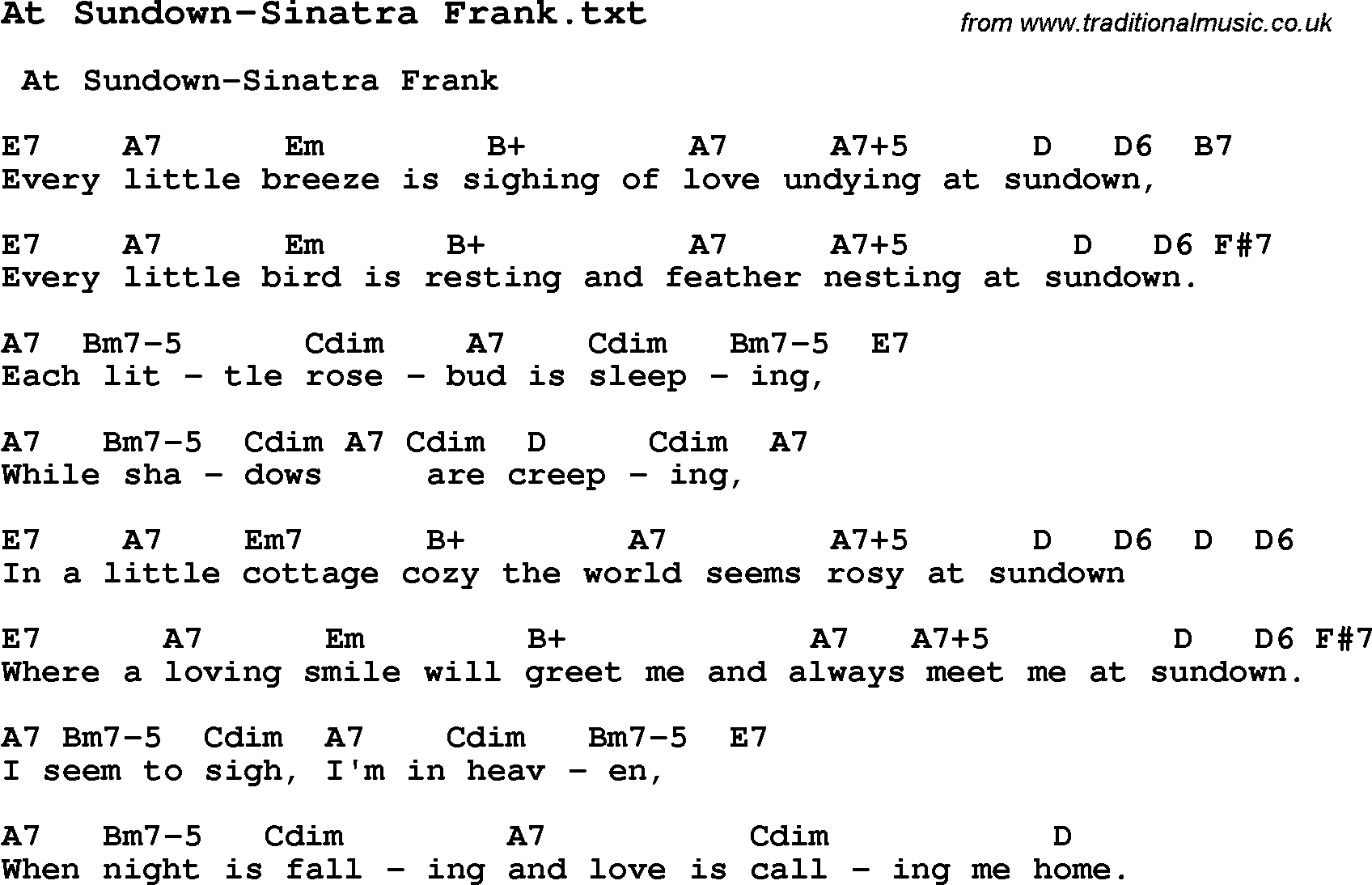Jazz Song from top bands and vocal artists with chords, tabs and lyrics - At Sundown-Sinatra Frank