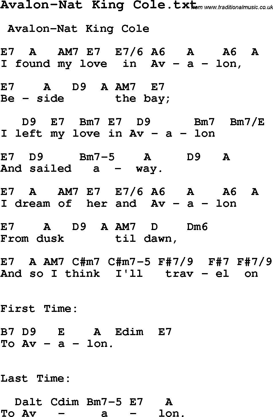 Jazz Song Avalon Nat King Cole With Chords Tabs And Lyrics From Top Bands And Artists