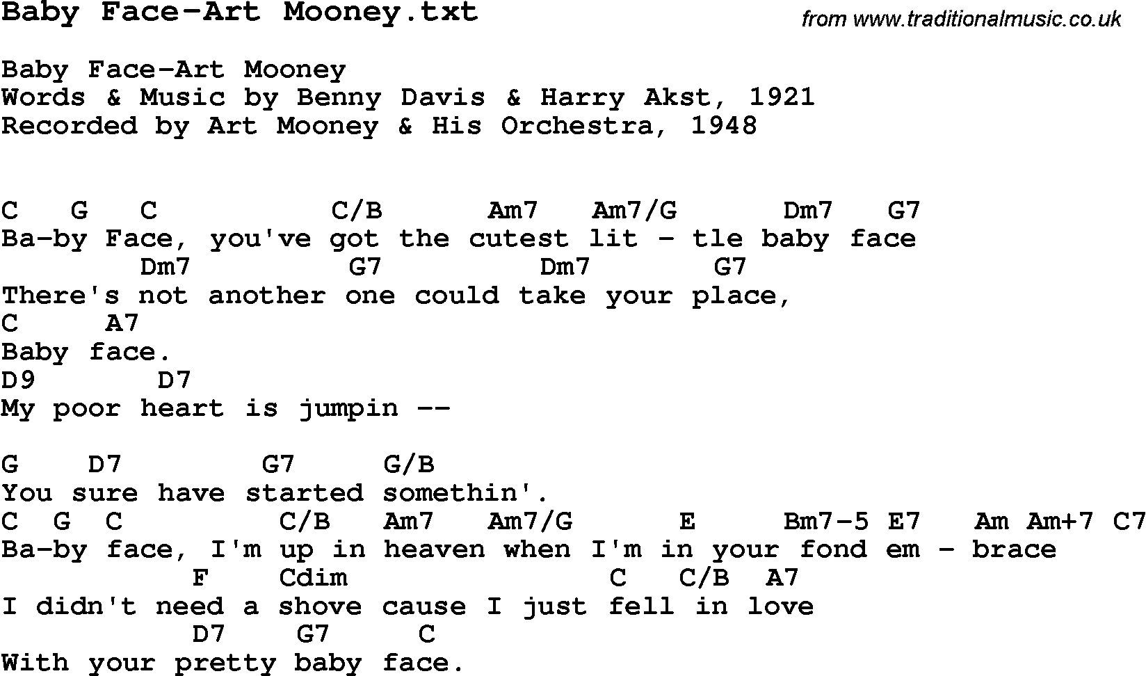Jazz Song from top bands and vocal artists with chords, tabs and lyrics - Baby Face-Art Mooney