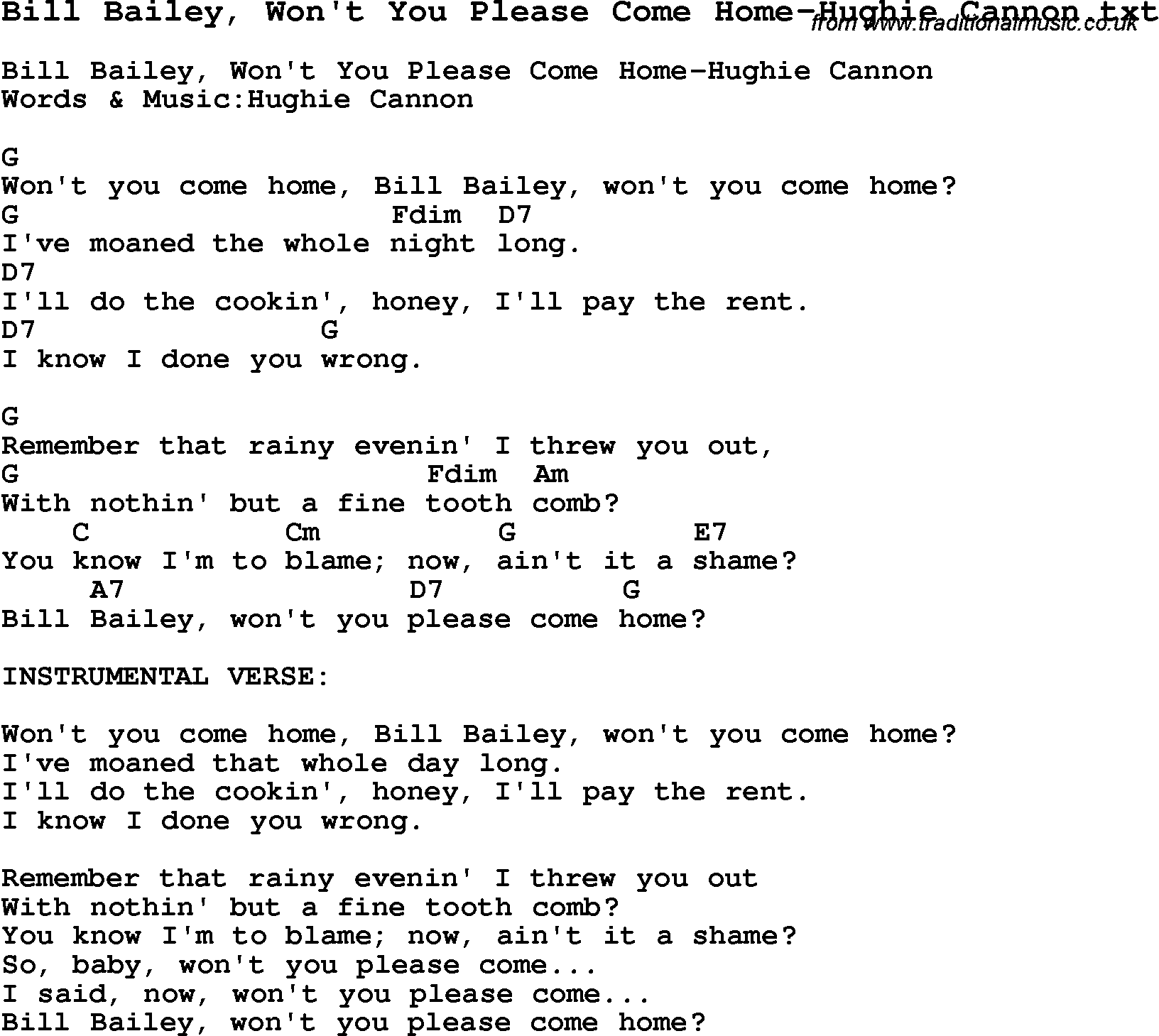 Jazz Song from top bands and vocal artists with chords, tabs and lyrics - Bill Bailey, Won't You Please Come Home-Hughie Cannon