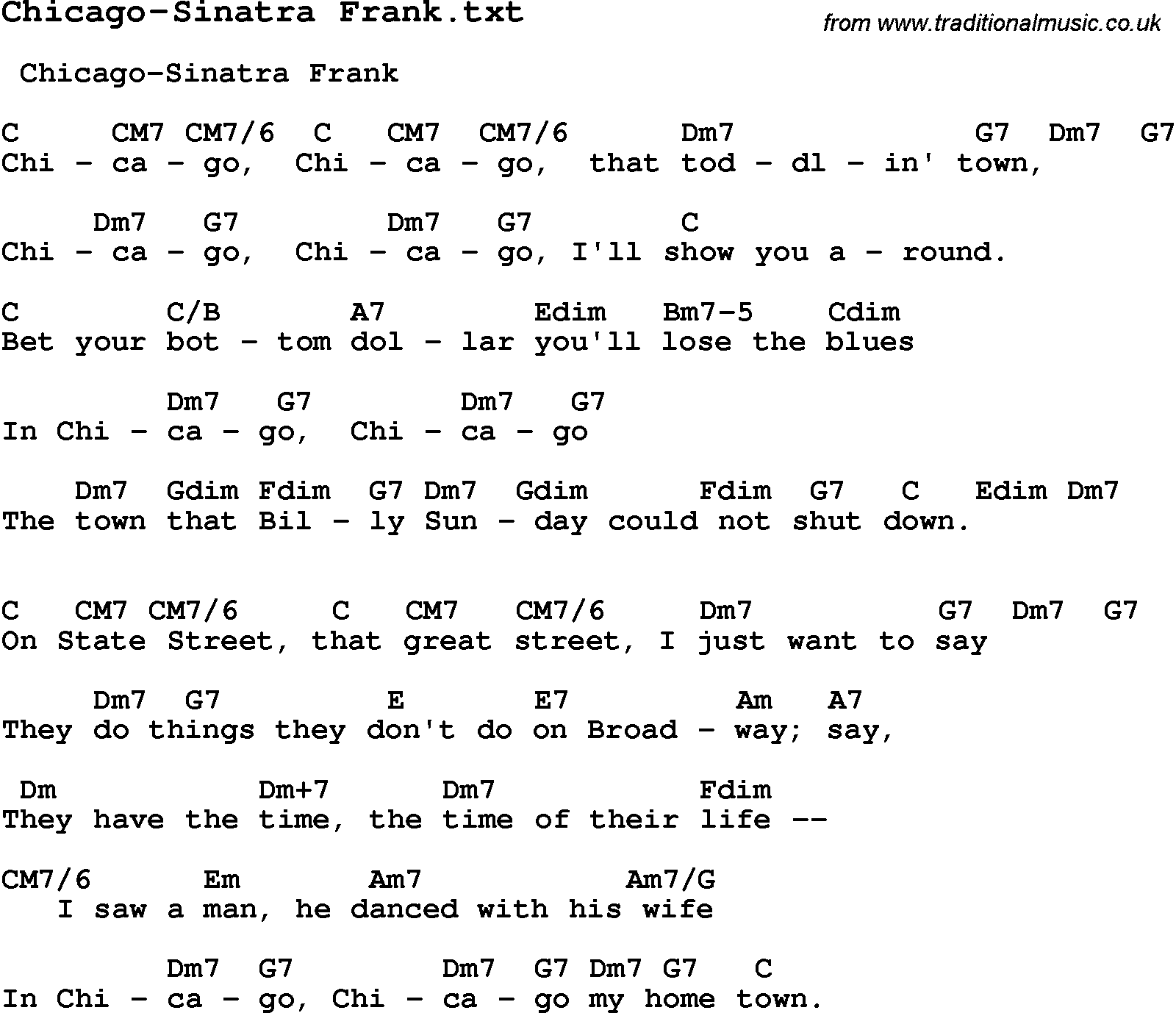 Jazz Song from top bands and vocal artists with chords, tabs and lyrics - Chicago-Sinatra Frank