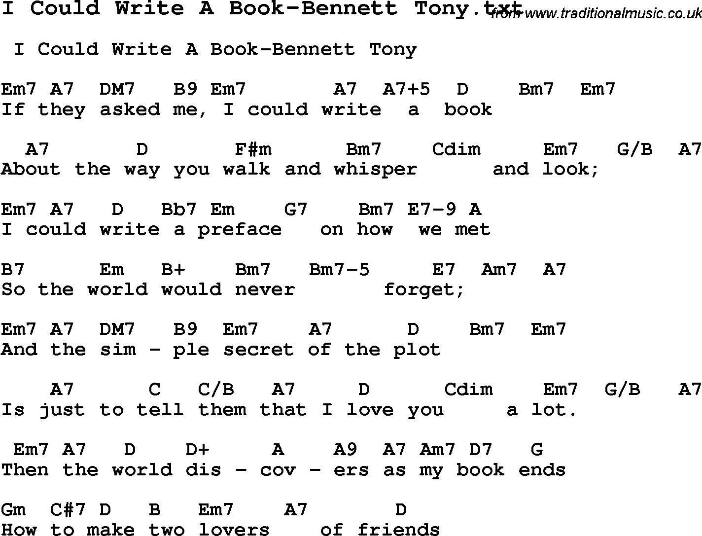 Jazz Song from top bands and vocal artists with chords, tabs and lyrics - I Could Write A Book-Bennett Tony