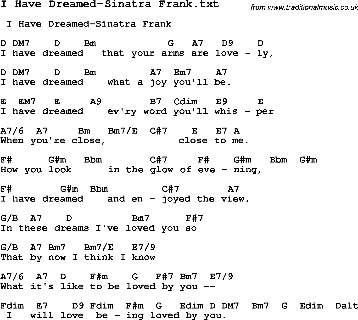 Jazz Song from top bands and vocal artists with chords, tabs and lyrics - I Have Dreamed-Sinatra Frank