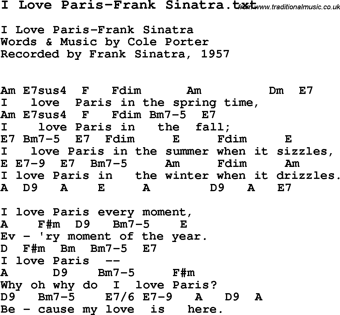 Jazz Song from top bands and vocal artists with chords, tabs and lyrics - I Love Paris-Frank Sinatra