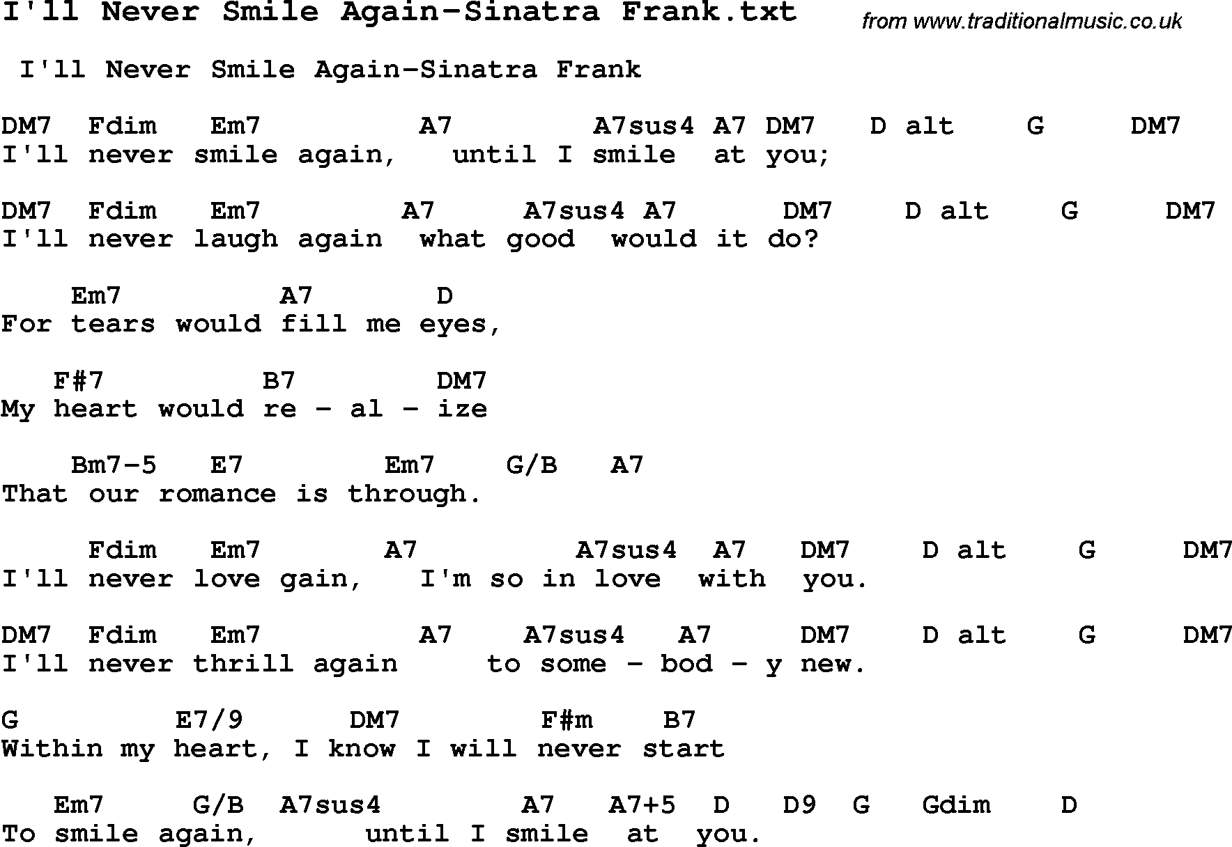 Jazz Song from top bands and vocal artists with chords, tabs and lyrics - I'll Never Smile Again-Sinatra Frank