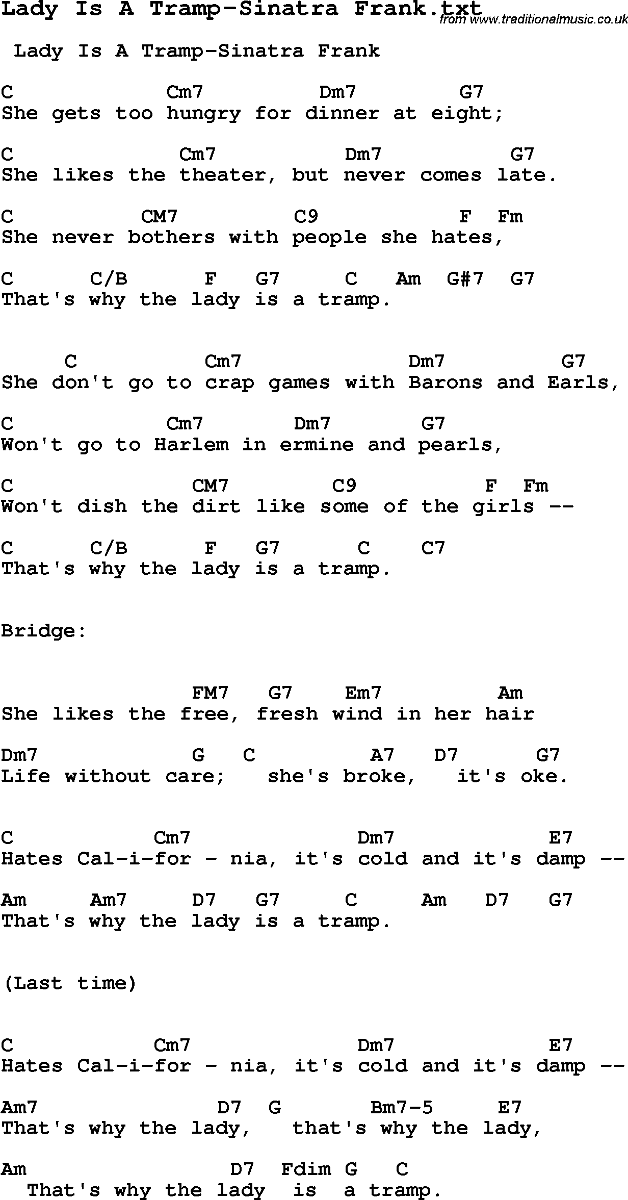 Jazz Song from top bands and vocal artists with chords, tabs and lyrics - Lady Is A Tramp-Sinatra Frank