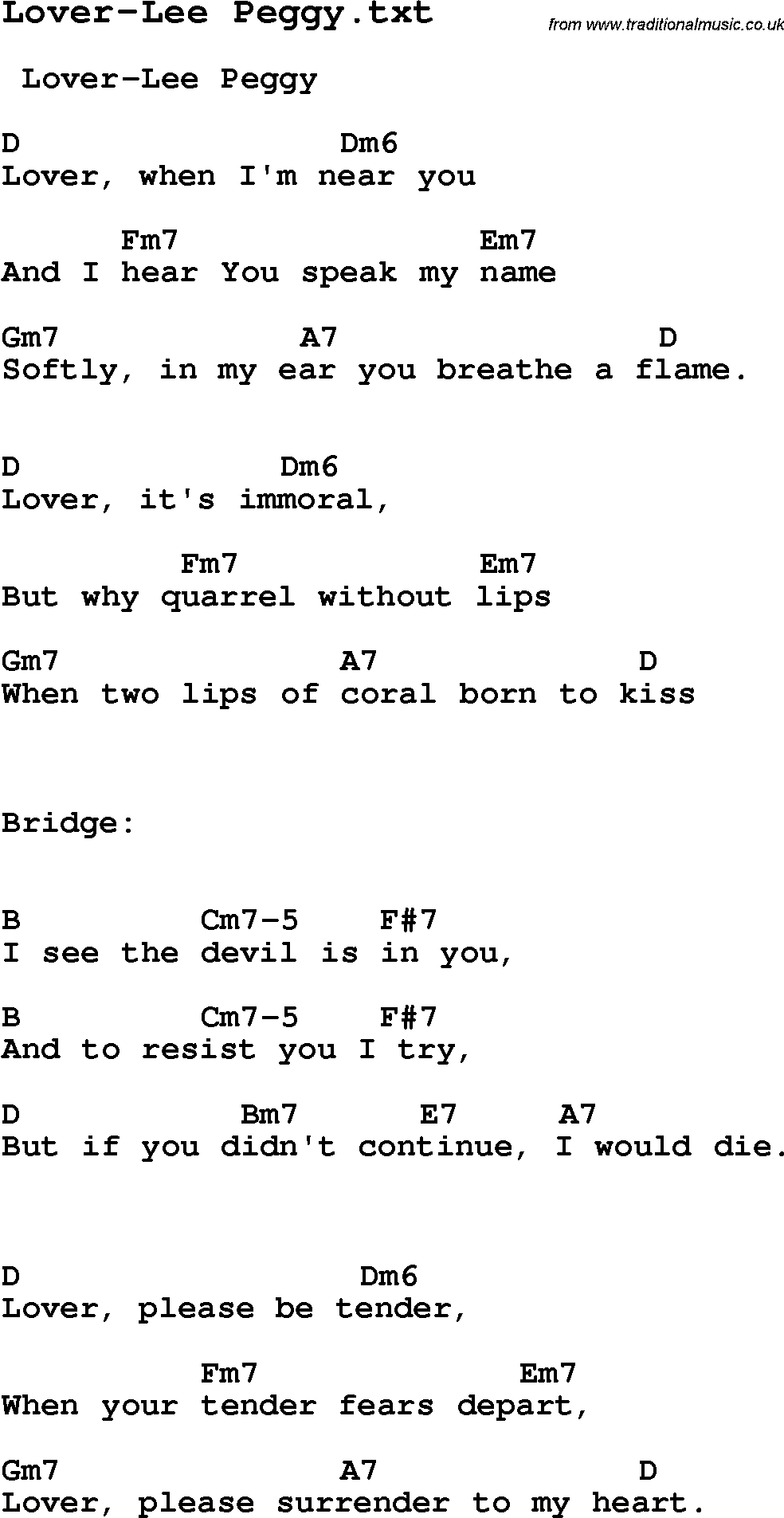 Jazz Song from top bands and vocal artists with chords, tabs and lyrics - Lover-Lee Peggy