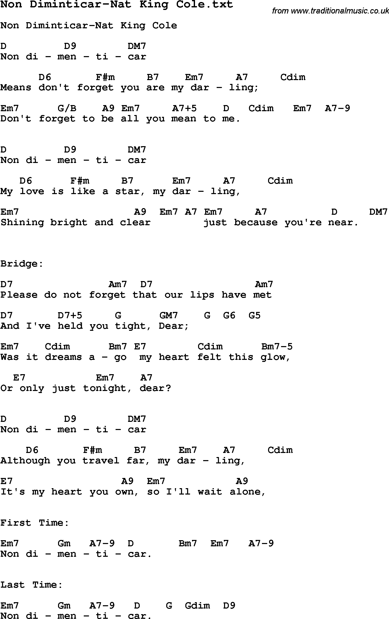 Jazz Song from top bands and vocal artists with chords, tabs and lyrics - Non Diminticar-Nat King Cole