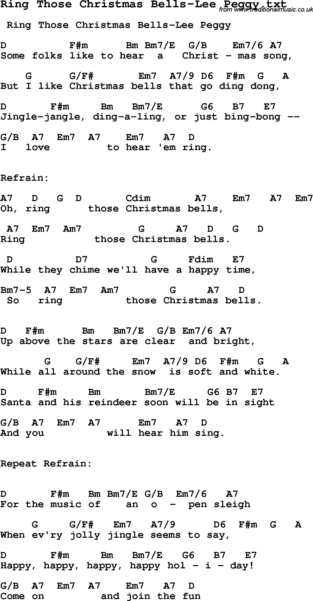 Jazz Song from top bands and vocal artists with chords, tabs and lyrics - Ring Those Christmas Bells-Lee Peggy