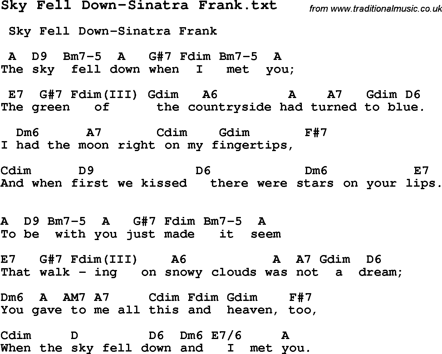 Jazz Song from top bands and vocal artists with chords, tabs and lyrics - Sky Fell Down-Sinatra Frank