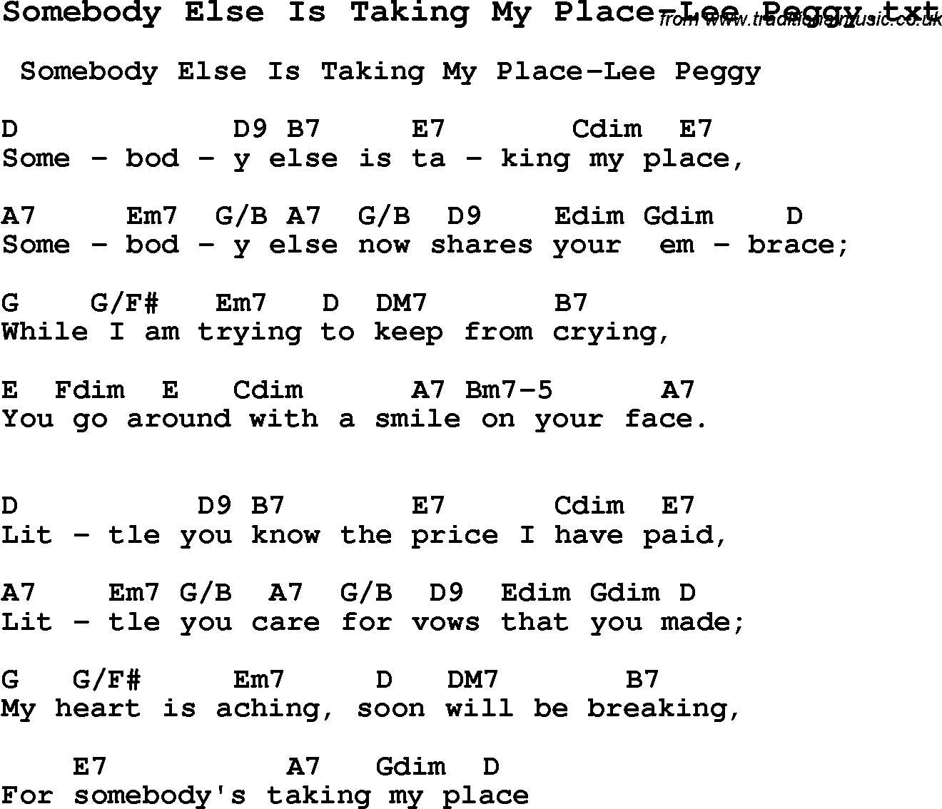 Jazz Song from top bands and vocal artists with chords, tabs and lyrics - Somebody Else Is Taking My Place-Lee Peggy