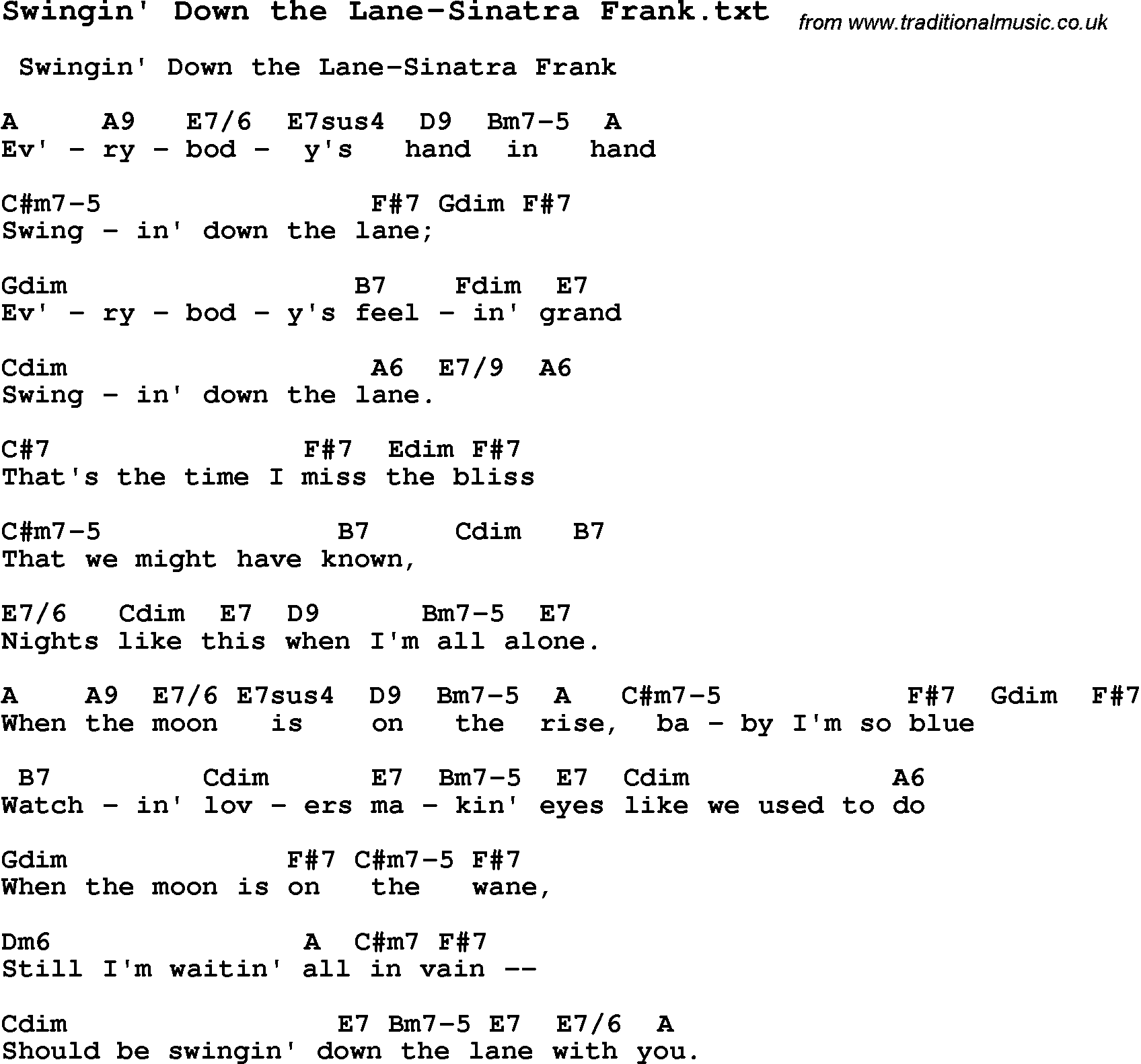 Jazz Song from top bands and vocal artists with chords, tabs and lyrics - Swingin' Down the Lane-Sinatra Frank