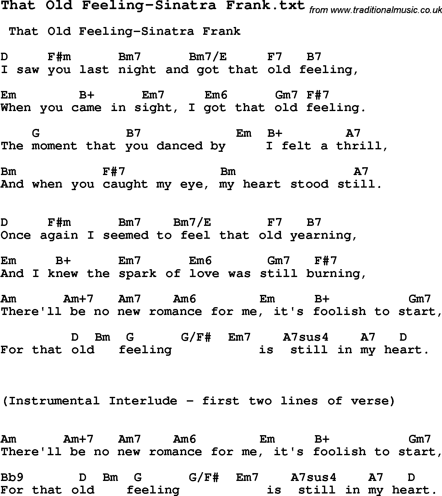 Jazz Song from top bands and vocal artists with chords, tabs and lyrics - That Old Feeling-Sinatra Frank