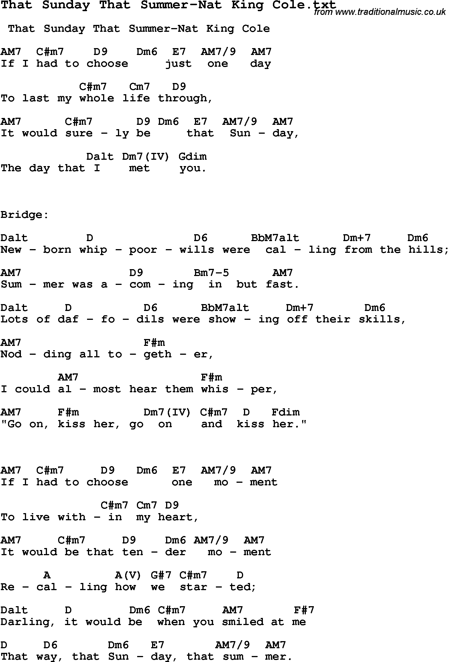 Jazz Song That Sunday That Summer Nat King Cole With Chords Tabs And Lyrics From Top Bands