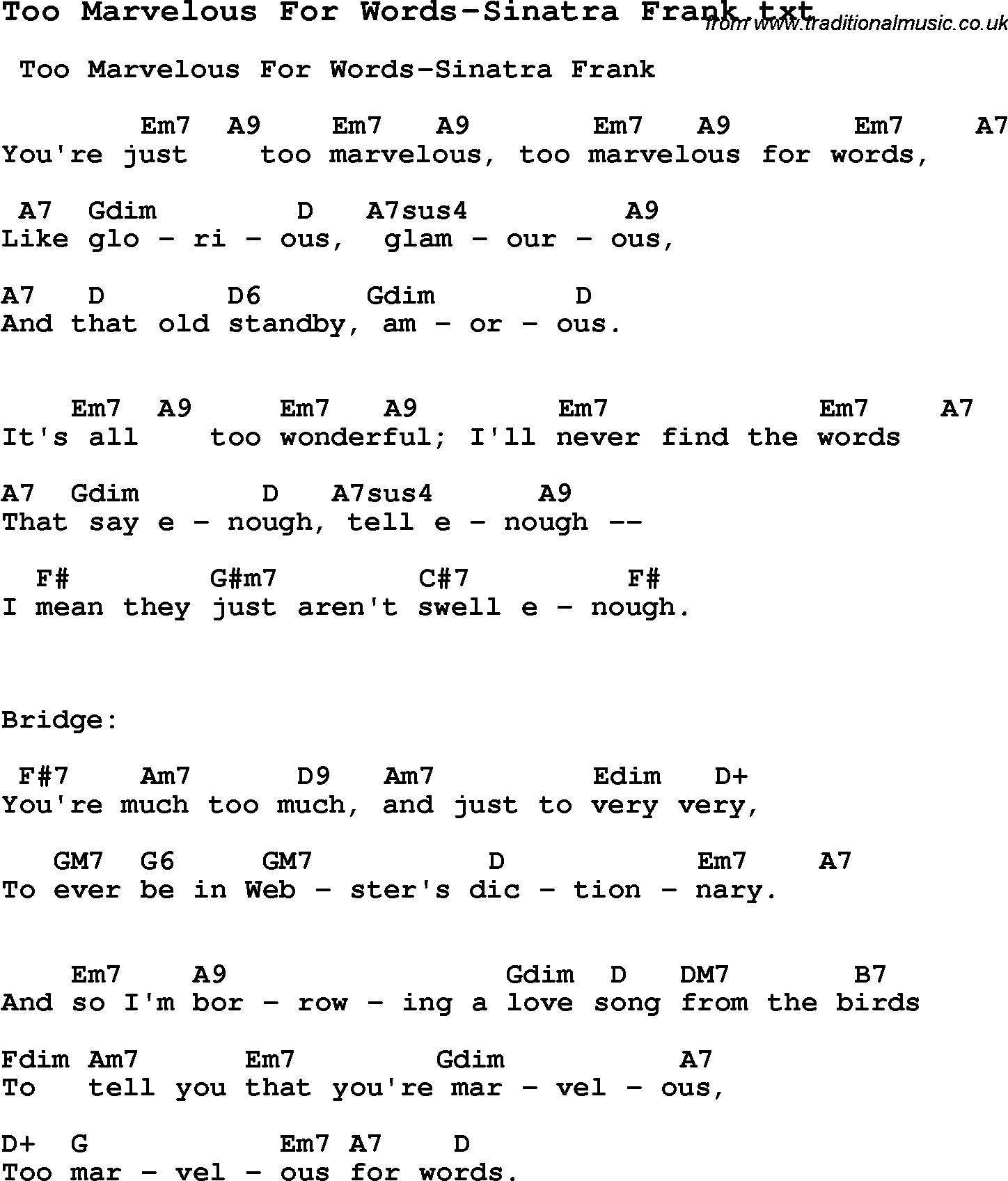 Jazz Song from top bands and vocal artists with chords, tabs and lyrics - Too Marvelous For Words-Sinatra Frank