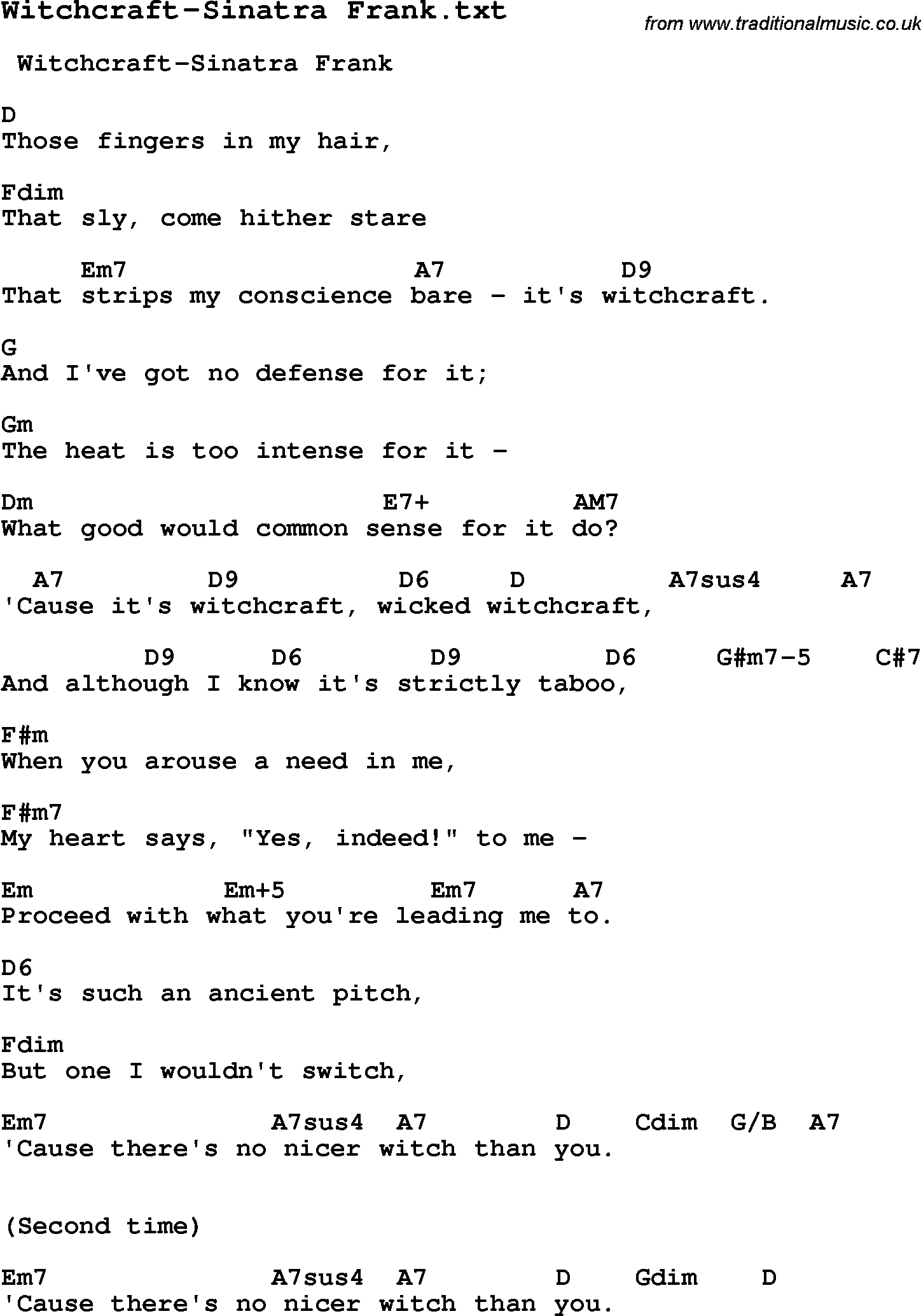 Jazz Song from top bands and vocal artists with chords, tabs and lyrics - Witchcraft-Sinatra Frank