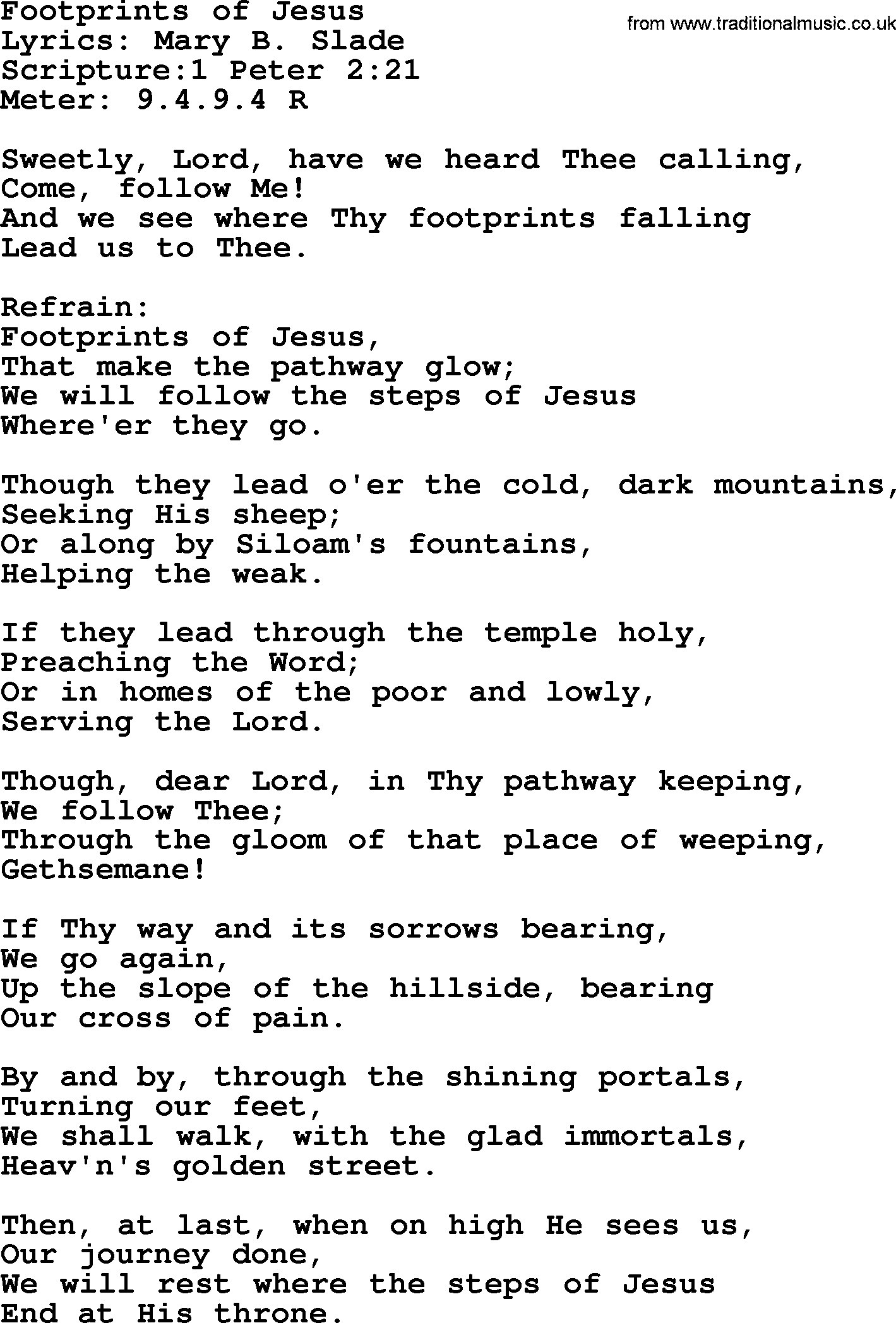Hymns from the Psalms, Hymn: Footprints Of Jesus, lyrics with PDF