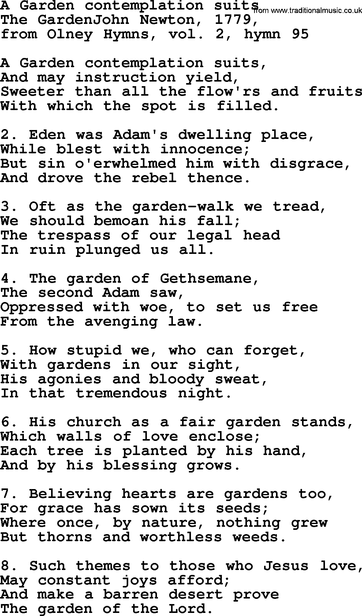 John Newton hymn: A Garden Contemplation Suits, lyrics