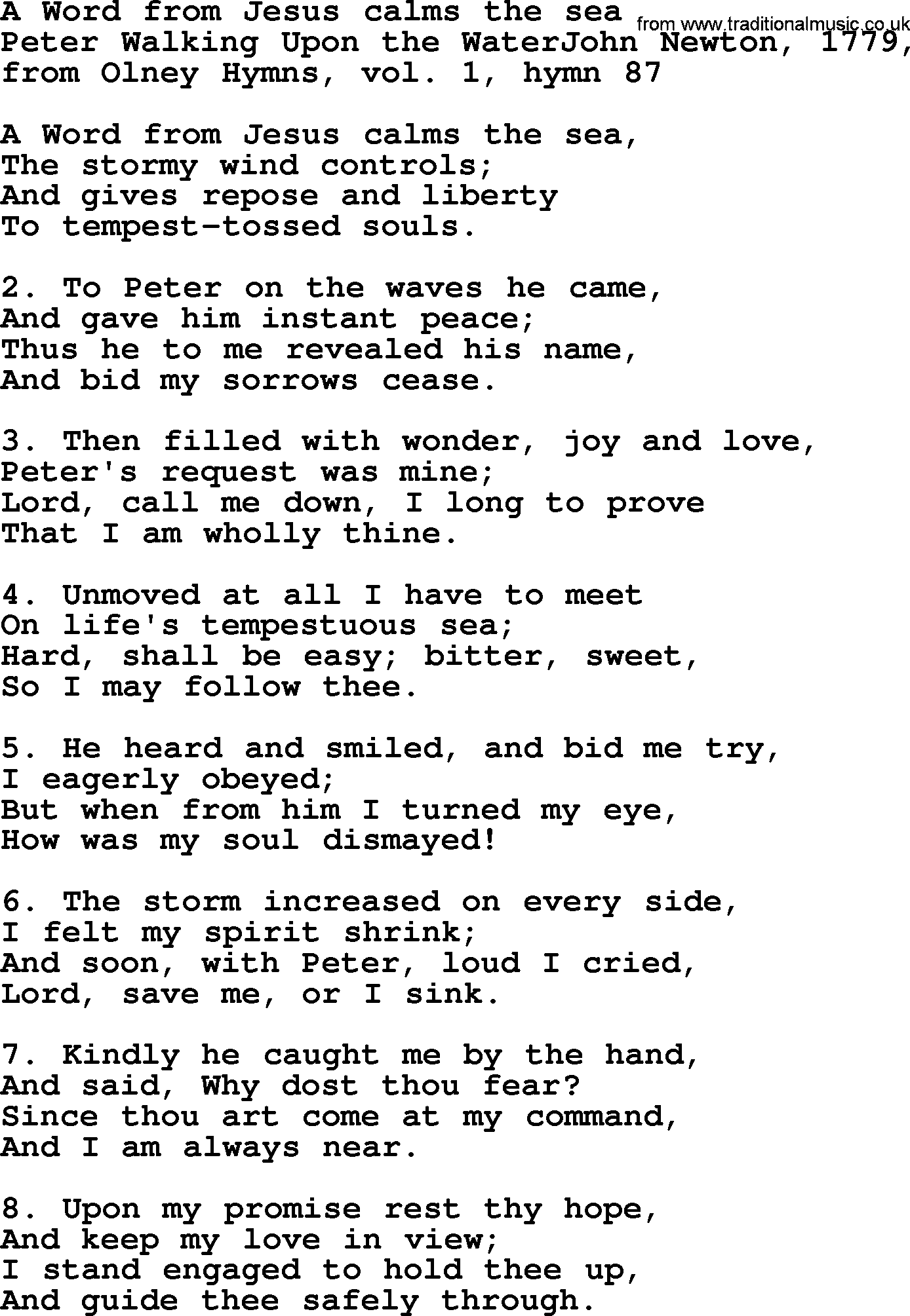 John Newton hymn: A Word From Jesus Calms The Sea, lyrics