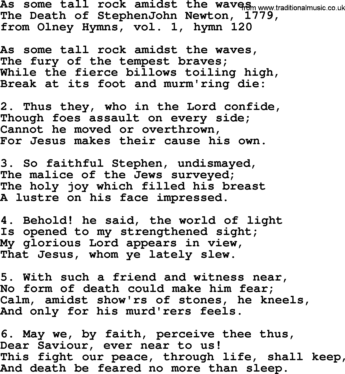 John Newton hymn: As Some Tall Rock Amidst The Waves, lyrics