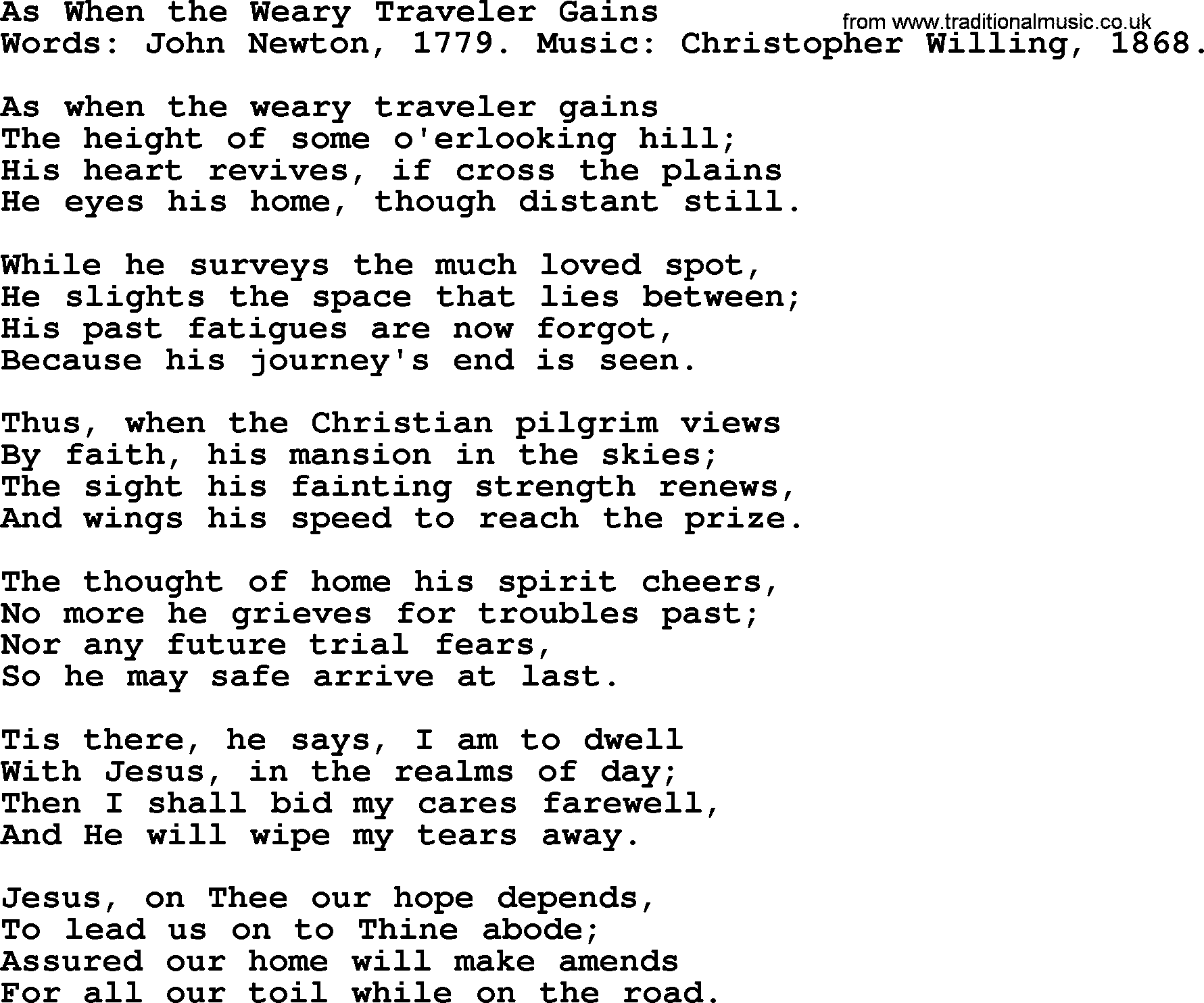 John Newton hymn: As When The Weary Traveler Gains, lyrics
