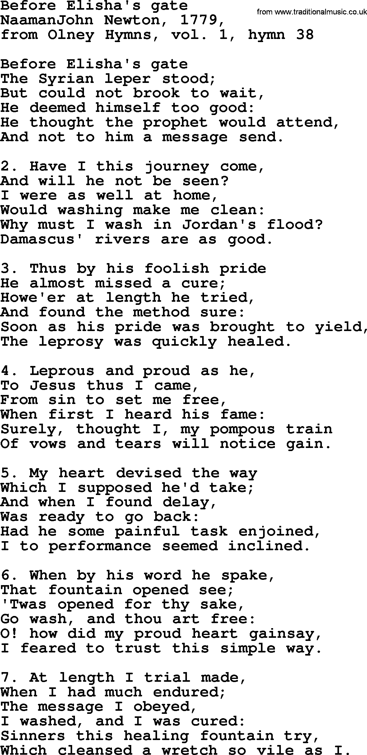 John Newton hymn: Before Elisha's Gate, lyrics