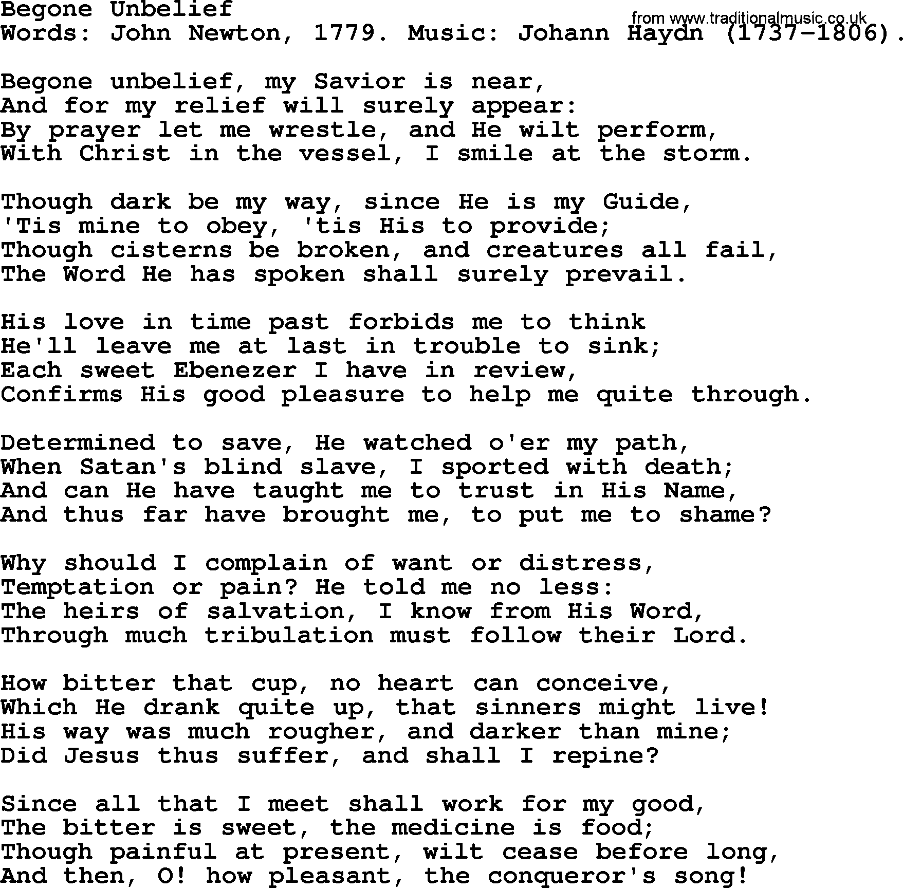 John Newton hymn: Begone Unbelief, lyrics
