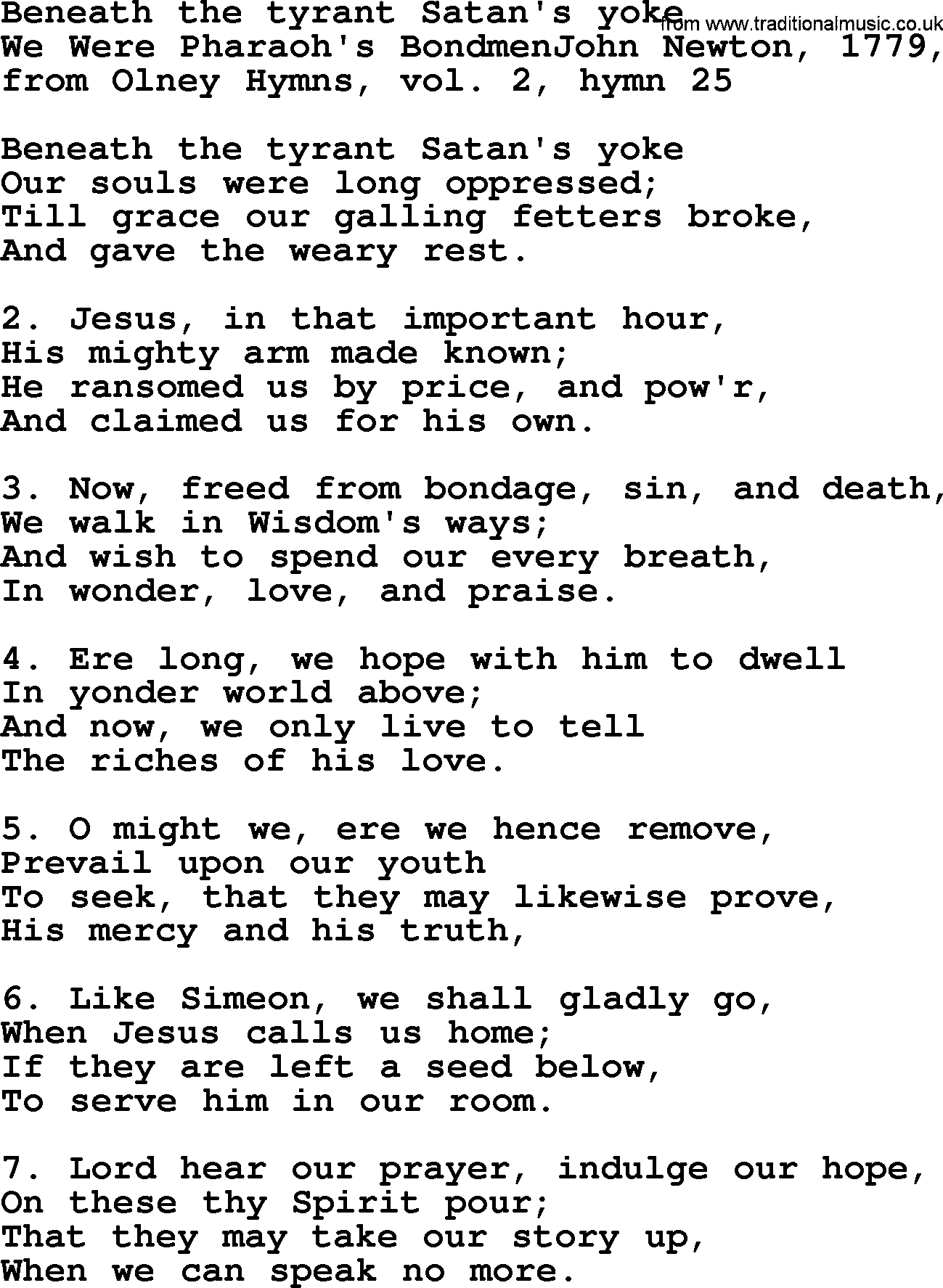 John Newton hymn: Beneath The Tyrant Satan's Yoke, lyrics