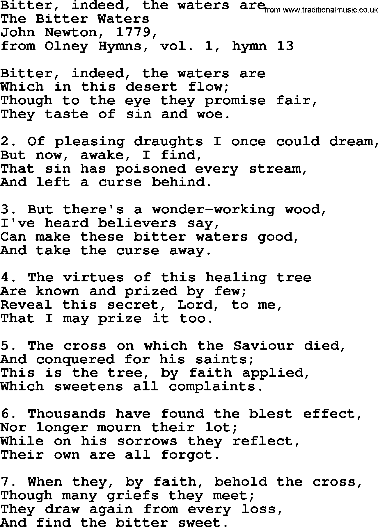 John Newton hymn: Bitter, Indeed, The Waters Are, lyrics