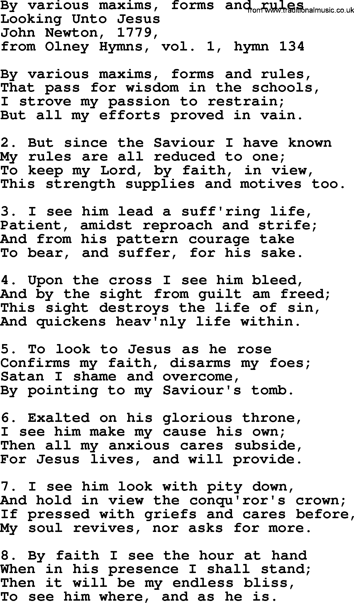 John Newton hymn: By Various Maxims, Forms And Rules, lyrics