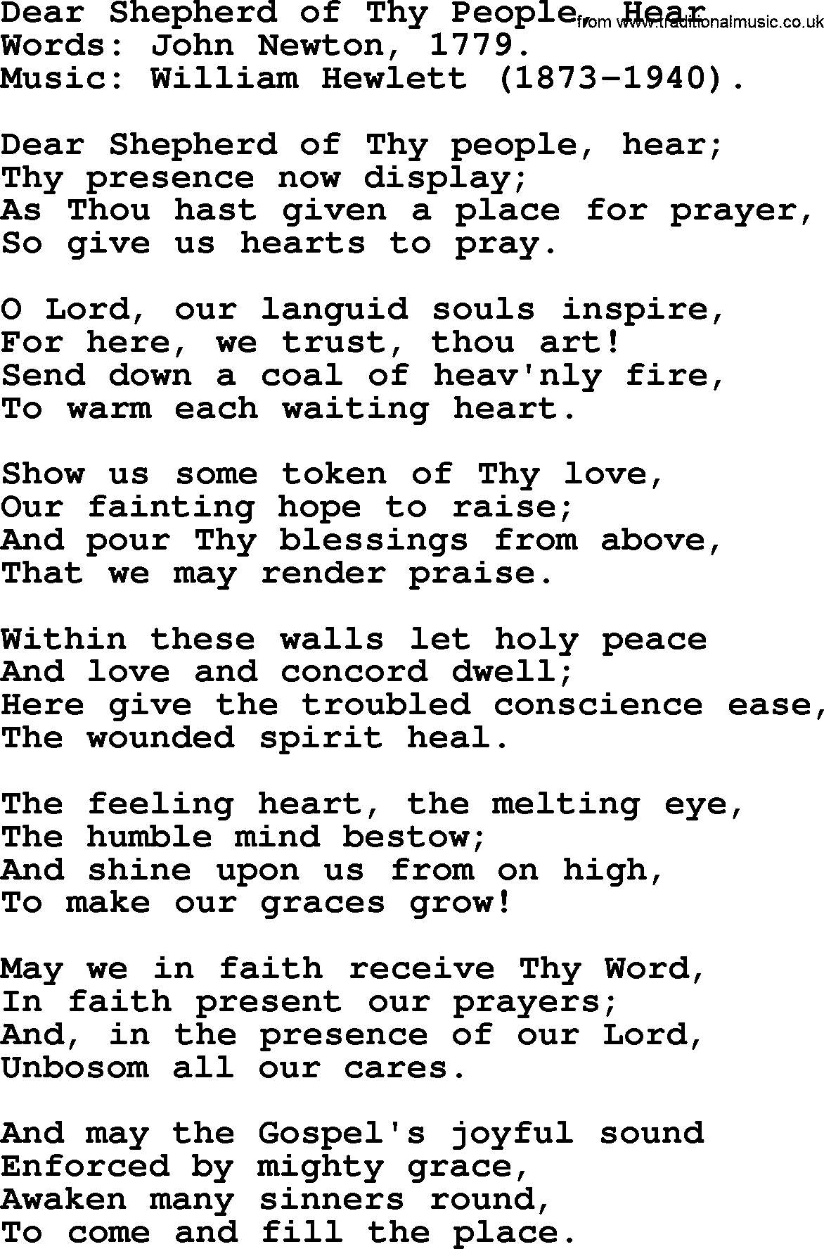 John Newton hymn: Dear Shepherd Of Thy People, Hear, lyrics